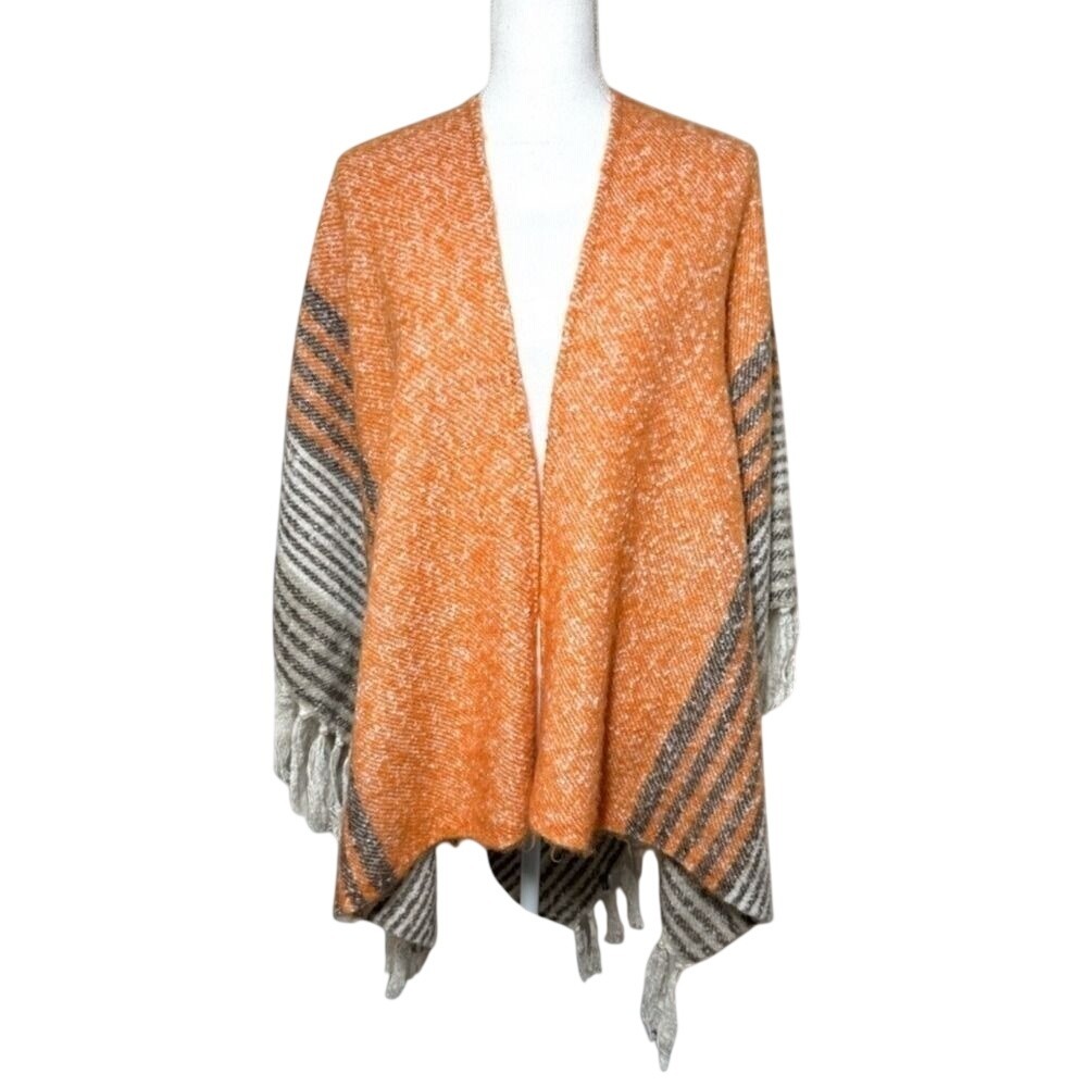NWOT Raj Orange Gray Creme Women's Fringe‎ Poncho One Size